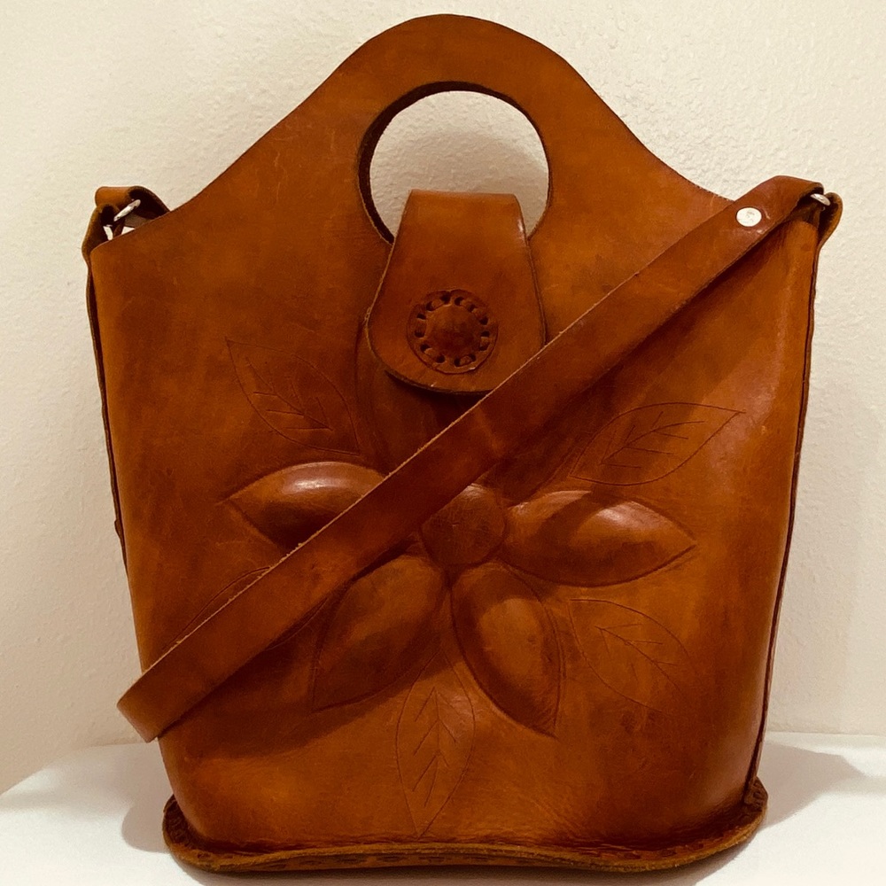 Handcrafted Tooled Leather Bucket Crossbody Bag